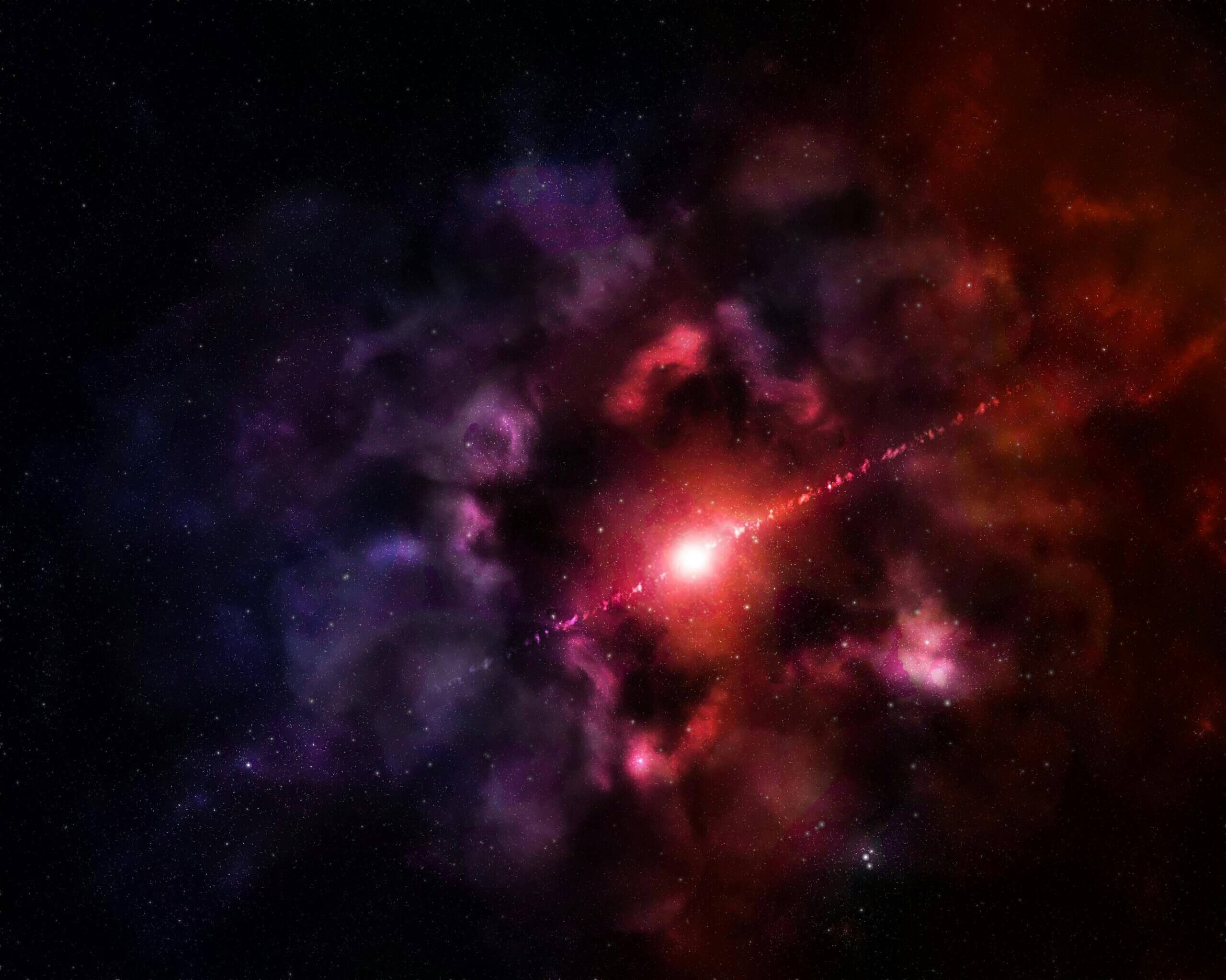 Bright cosmic explosion with red and purple nebula clouds and a streak of light in outer space