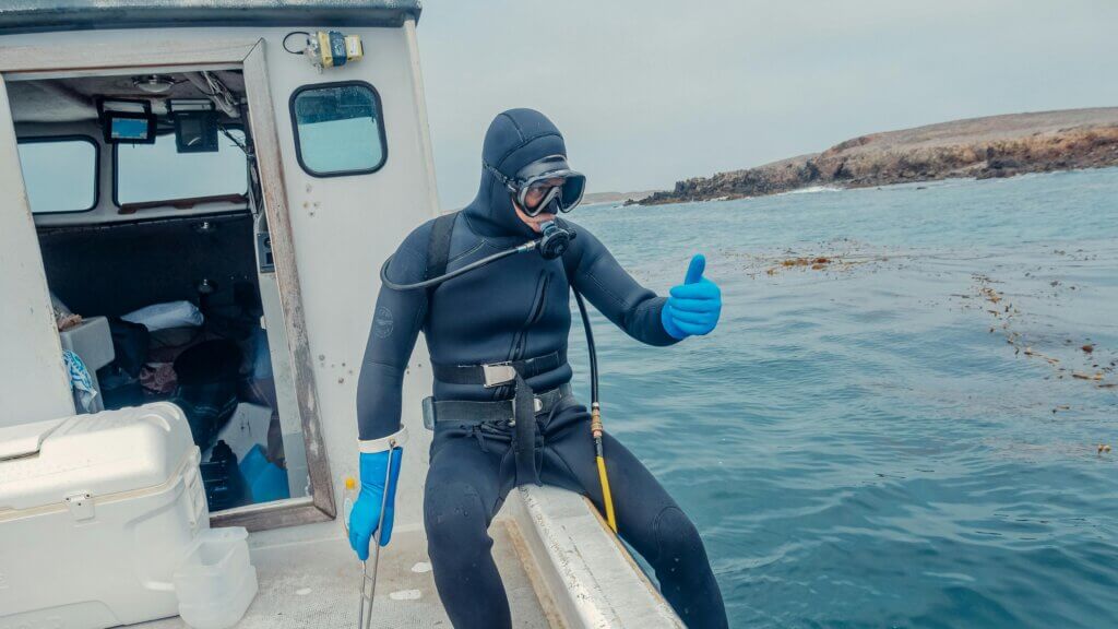 Scuba diver in black wetsuit and blue gloves giving thumbs up while sitting on a boat near rocky coastline