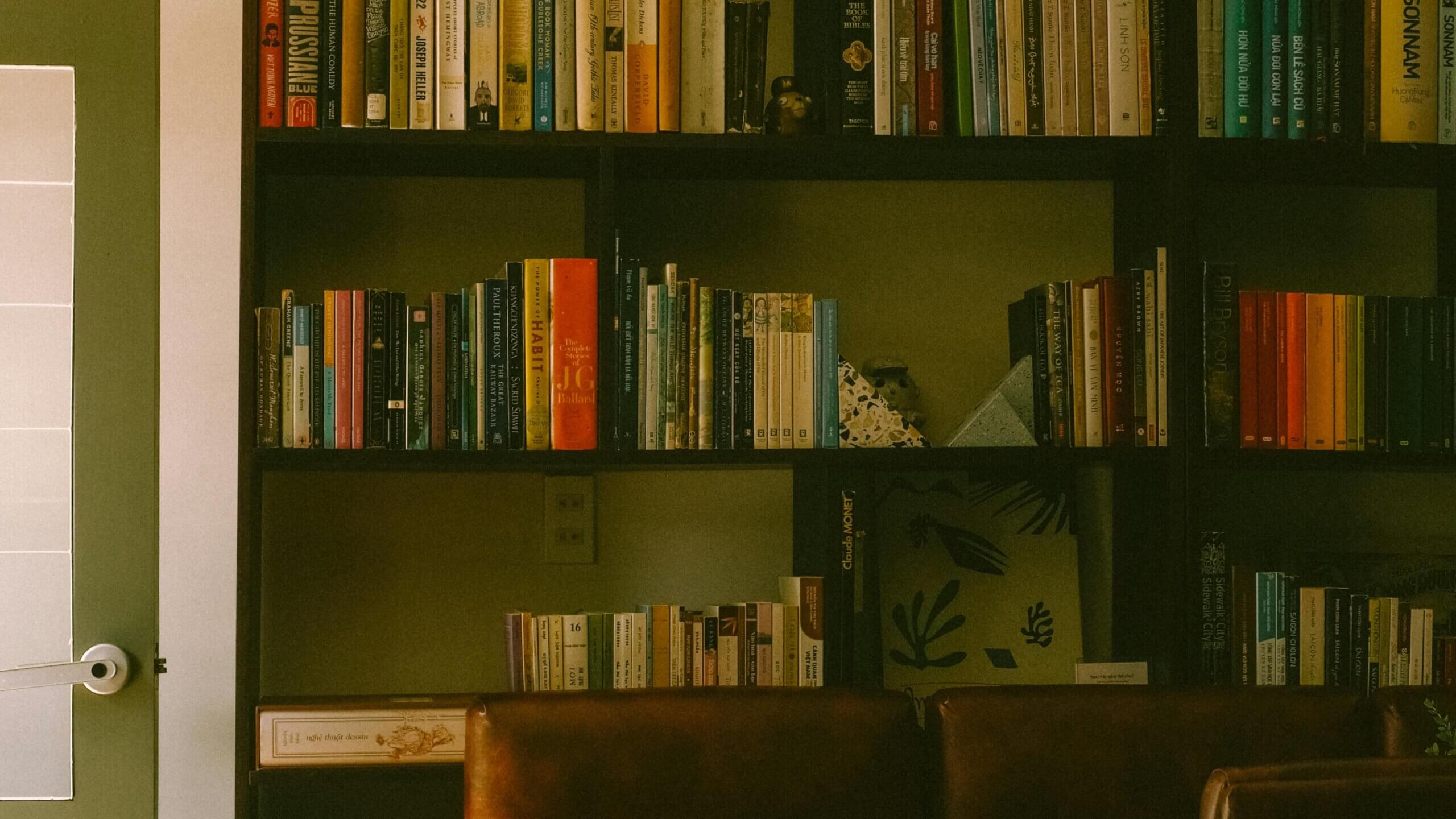 Bookshelf filled with various books and decorative items above a brown leather couch.