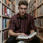 Young man wearing glasses and a striped shirt reading a book while sitting between library shelves