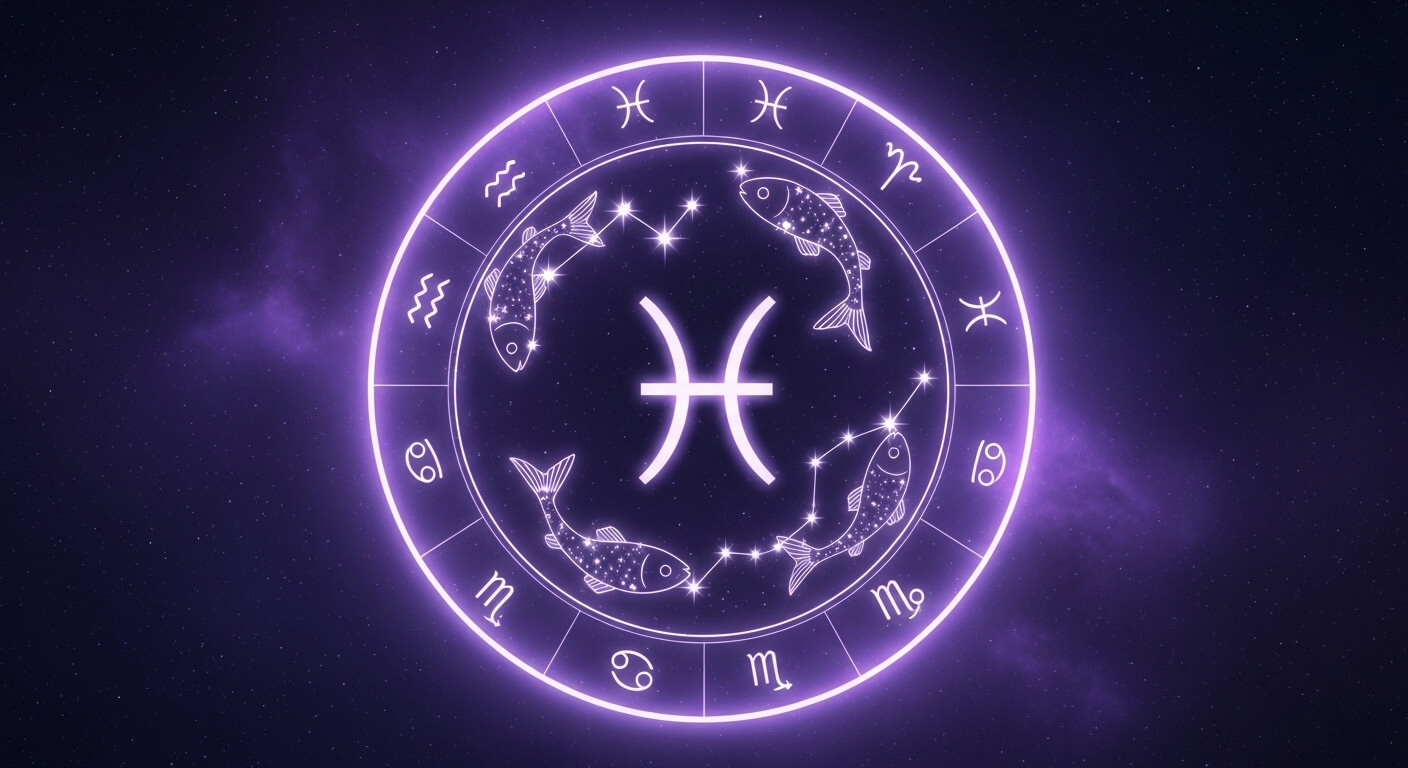 Glowing purple Pisces zodiac symbol with four fish and surrounding astrological signs on a starry background