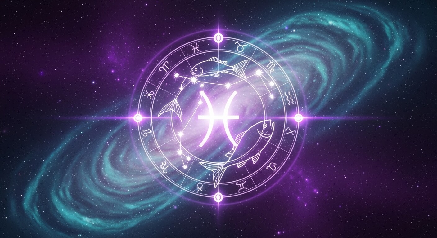 Glowing Pisces zodiac symbol with two fish and constellation in a cosmic purple and blue galaxy background.