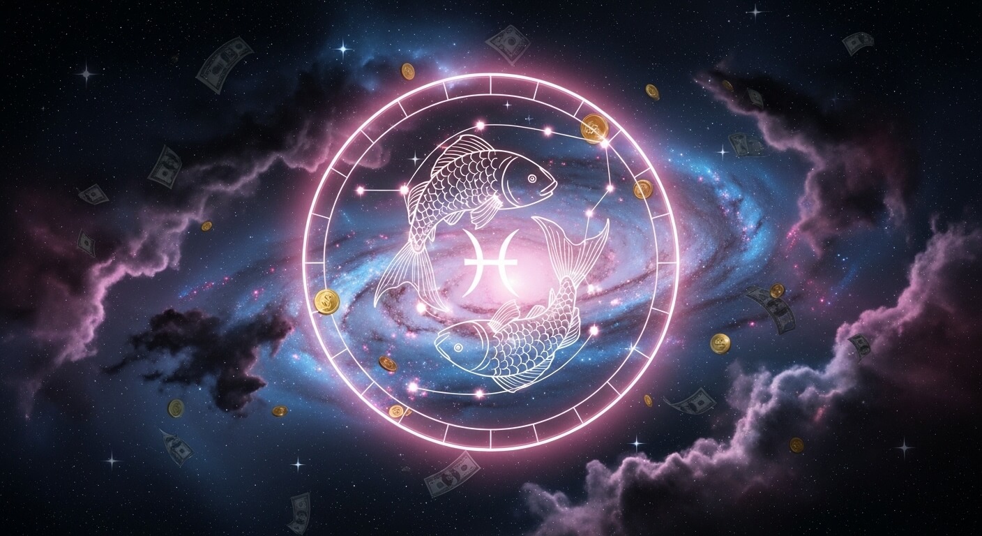 Pisces zodiac sign with two fish and constellation lines glowing in space with floating coins and dollar bills.