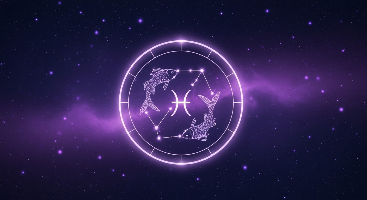 Glowing Pisces zodiac symbol with two fish and constellation on a purple starry background.