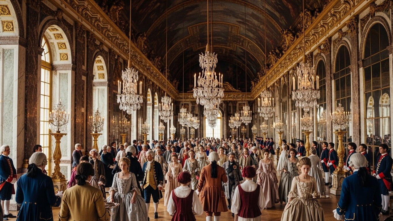 Large gathering of people in 18th-century attire in a grand hall with chandeliers and ornate mirrors.