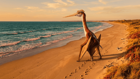 A large pterosaur standing on a sandy beach near the ocean at sunset.