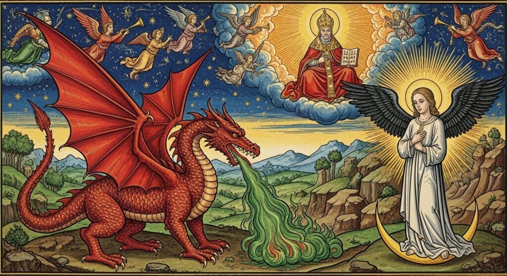 Red dragon breathing green fire at a black-winged angel standing on a crescent moon with a pope and angels in the sky above.