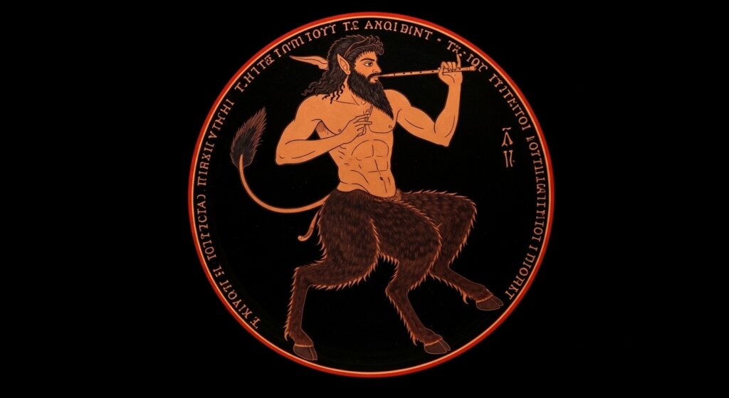 Ancient Greek-style red-figure pottery depicting a satyr playing a flute with a muscular upper body and goat legs.