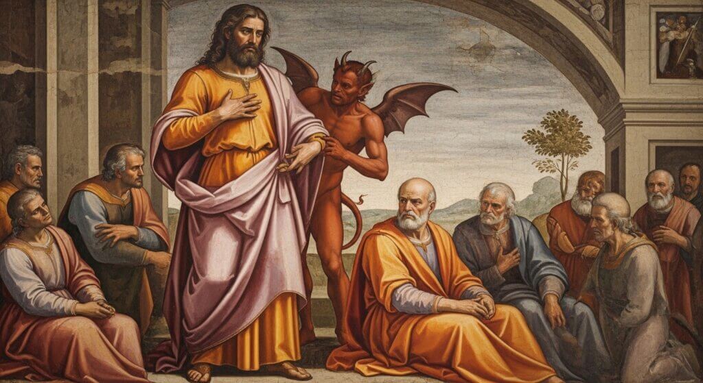 Jesus being tempted by the devil with apostles surrounding them in a classical painting.