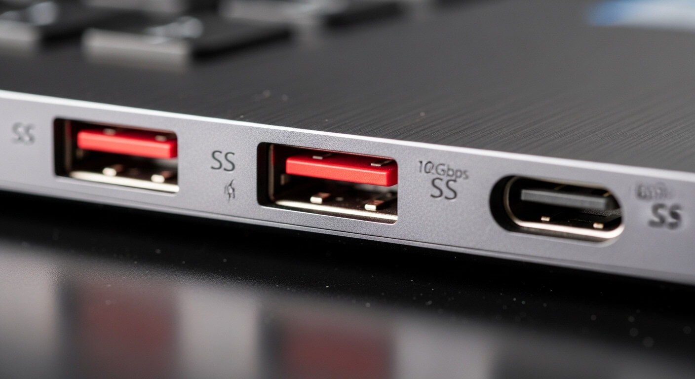 Close-up of USB 3.1 ports with red inserts and a USB-C port on a laptop side panel.