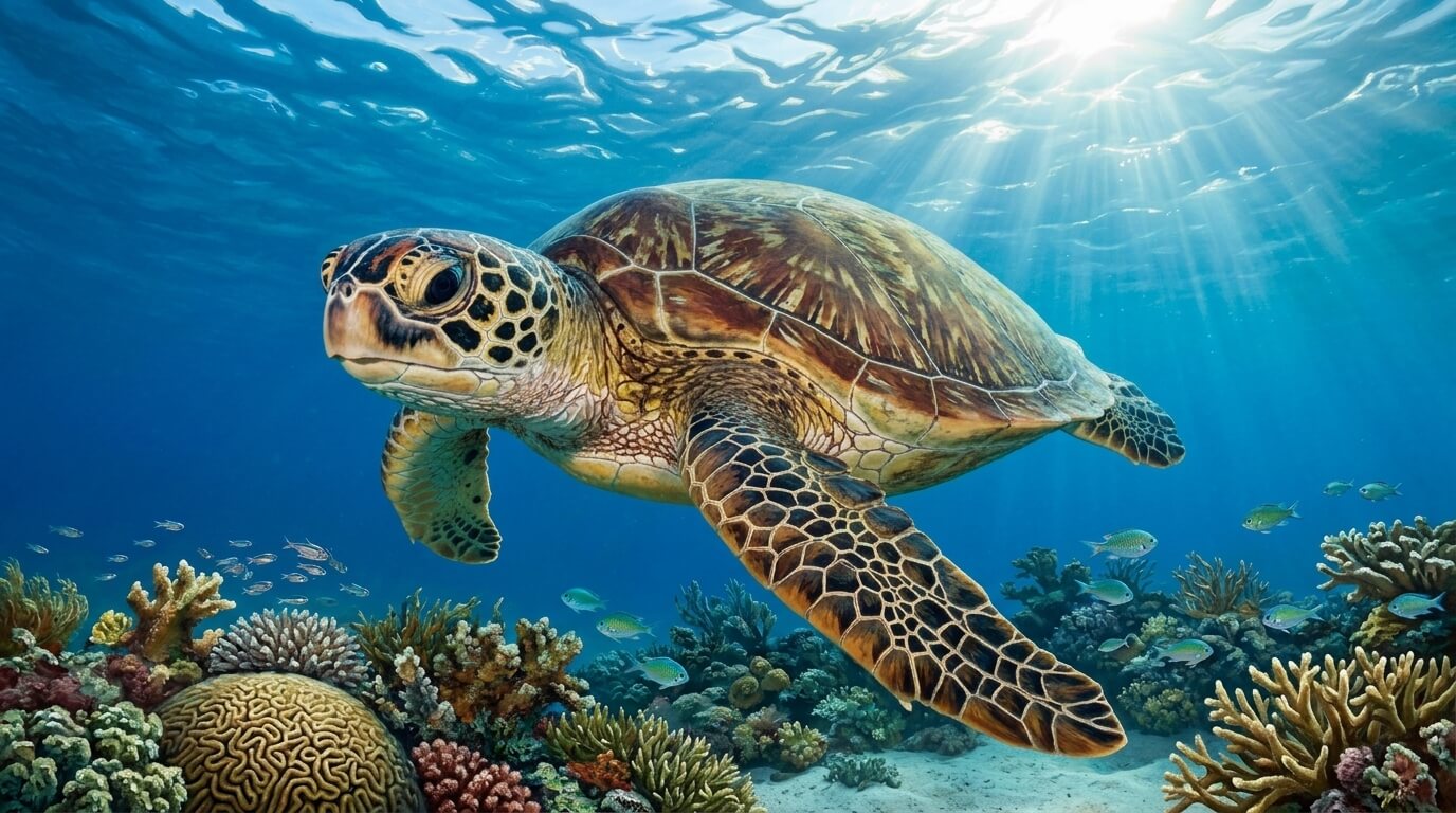 Green sea turtle swimming over a coral reef with sunlight filtering through clear ocean water