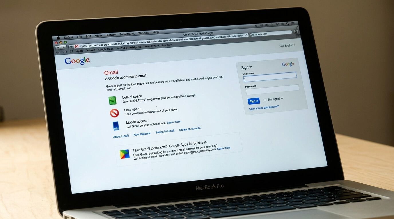 MacBook Pro displaying Gmail sign-in page with Google branding and email features on Safari browser.