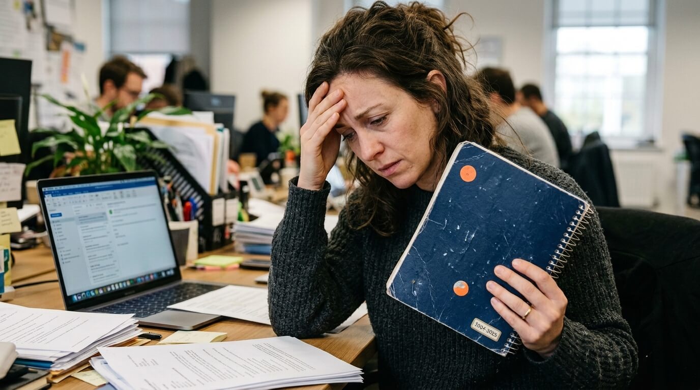 Stressed woman holding a blue notebook and sitting at a cluttered office desk with a laptop and papers.
