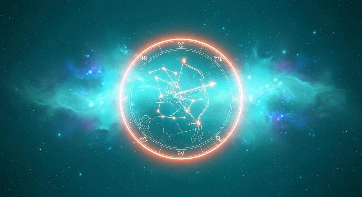 Sagittarius zodiac constellation glowing in a circular star chart against a blue cosmic background.