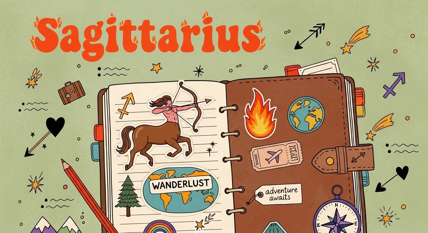 Sagittarius zodiac-themed open journal with centaur archer, travel stickers, and adventure icons.