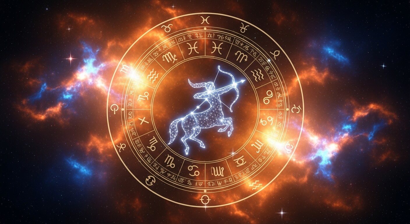 Zodiac wheel with glowing Sagittarius centaur archer constellation in a cosmic background.