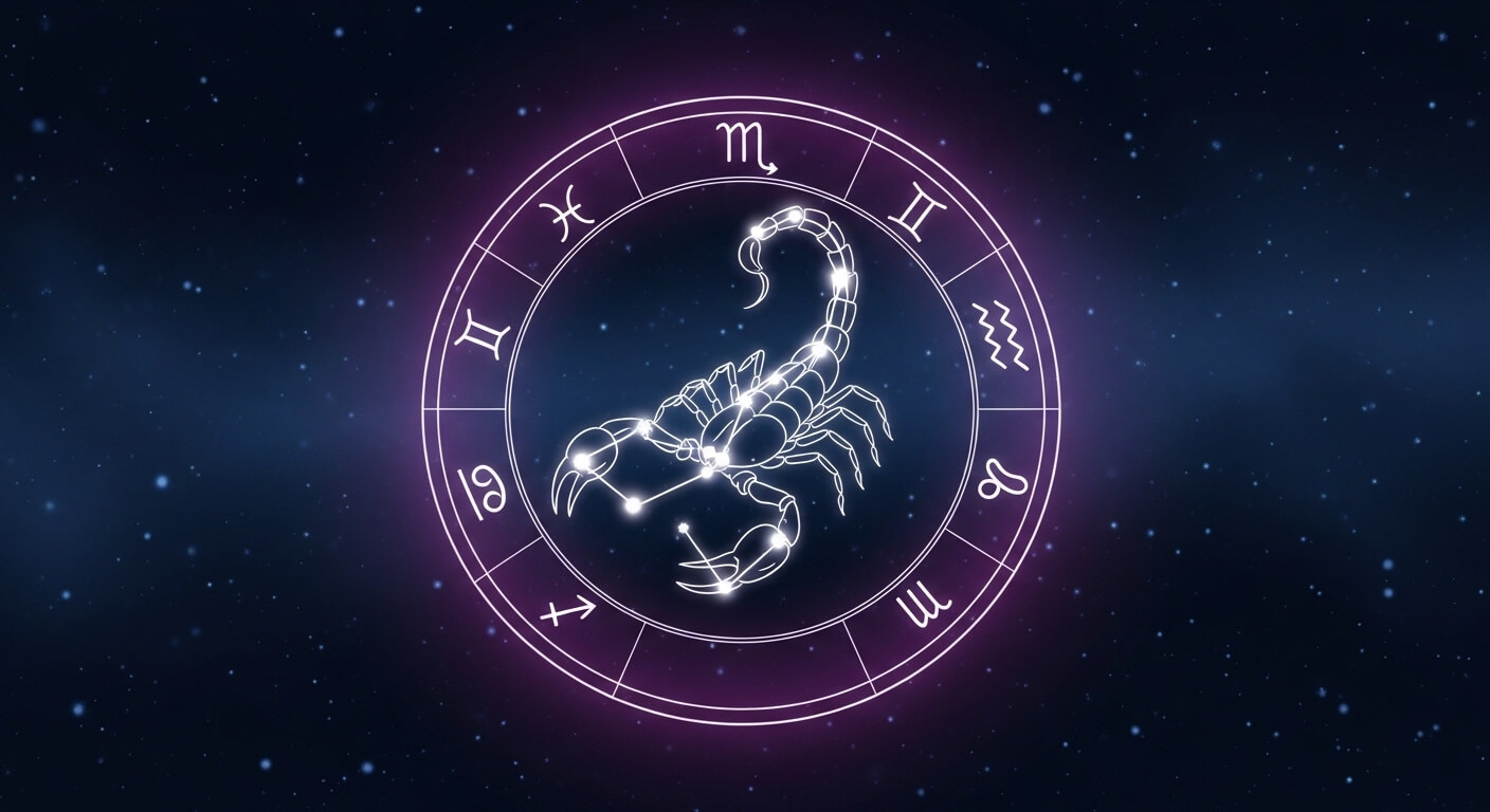 Scorpio zodiac constellation glowing in a starry night sky surrounded by zodiac symbols.