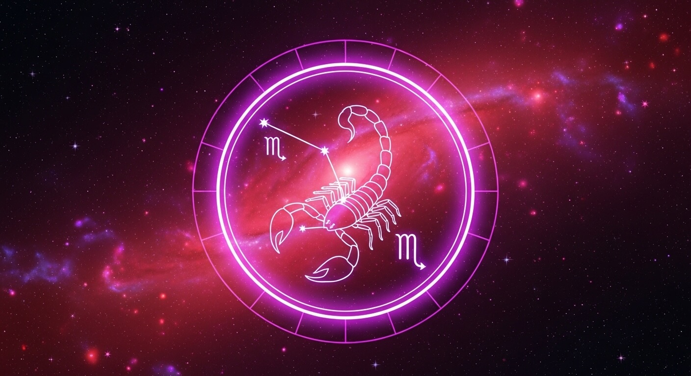 Glowing neon Scorpio zodiac sign and constellation against a red and purple galaxy background