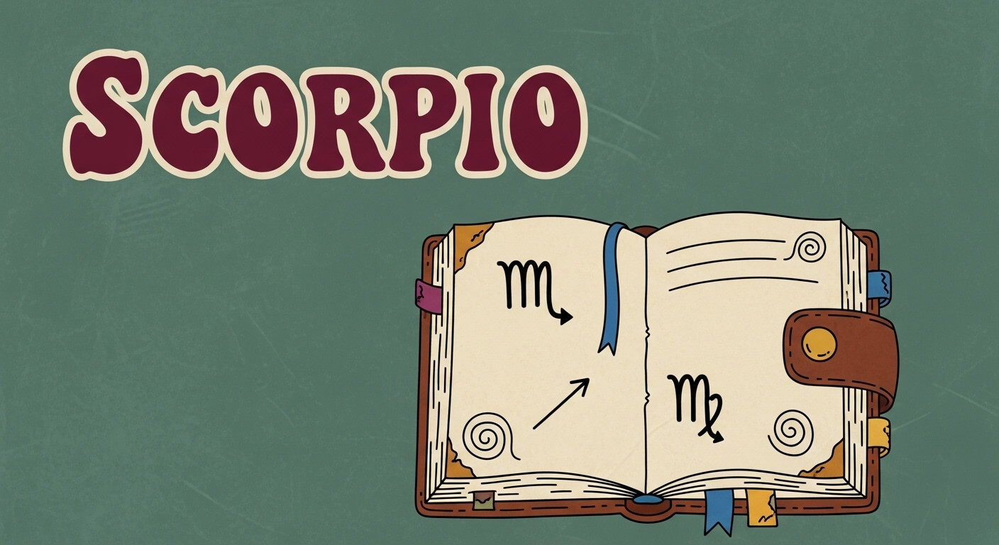 Open book with Scorpio zodiac symbols and the word "SCORPIO" on a green background