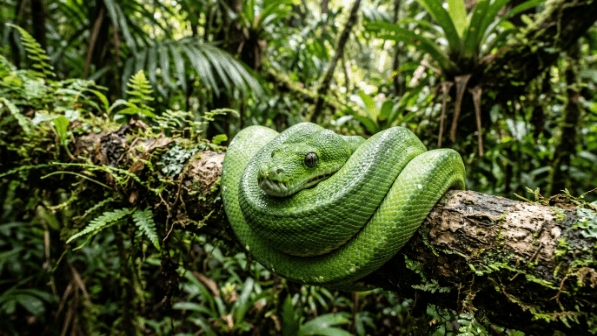 Green snake coiled on a mossy tree branch in a dense tropical rainforest.