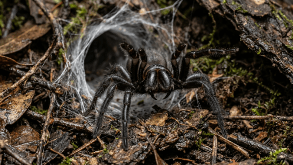 Funnel-web spider emerging from a silk-lined burrow on forest floor debris.
