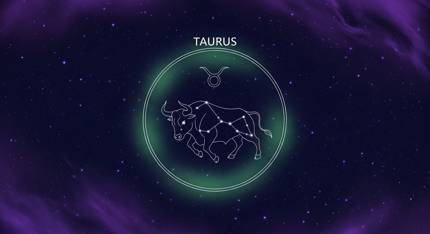 Taurus zodiac constellation depicted as a bull with starry night background and green glow ring