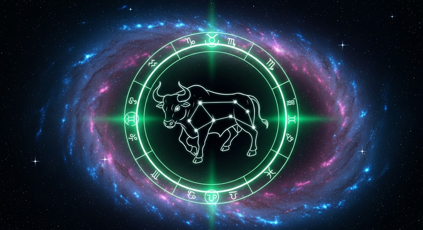 Zodiac Taurus constellation glowing in a green circle with other zodiac signs against a galaxy background