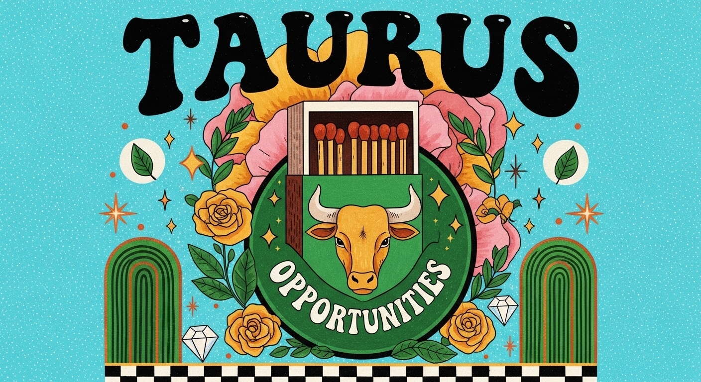 Taurus zodiac sign illustration with a bull, matchbox, flowers, and the word "Opportunities" on a blue background.