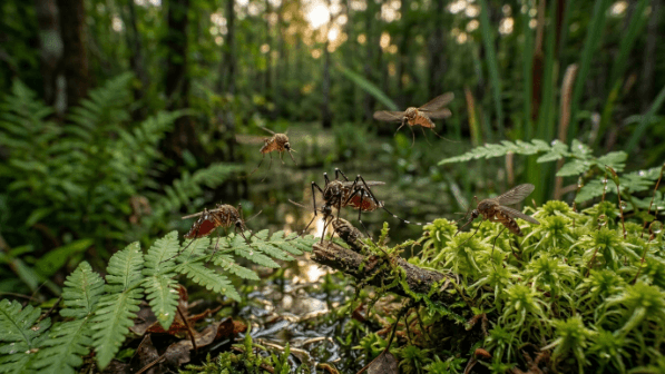 Ants and flying insects on green moss and ferns in a forest setting at sunset.