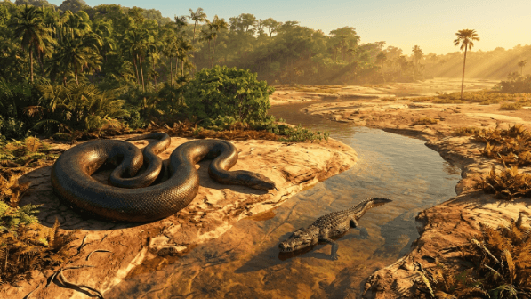 Large snake coiled on riverbank near a crocodile in a tropical forest at sunrise.