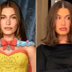 Hailey Bieber in a SpongeBob-themed digital outfit on the left and a black top taking a mirror selfie on the right.