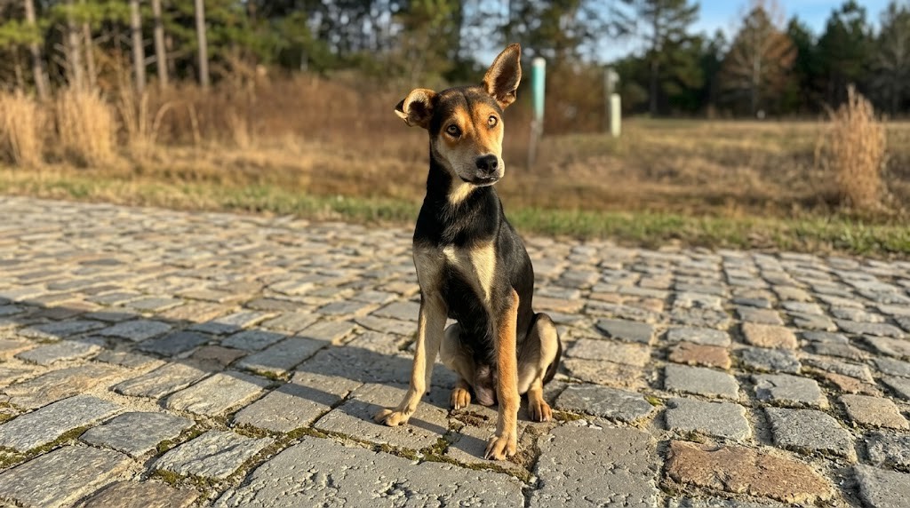 Small black and tan dog sitting on a cobblestone path with dry grass and trees in the background.