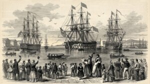 Crowd of 19th-century people waving at three large sailing ships docked in a harbor with rowboats nearby.