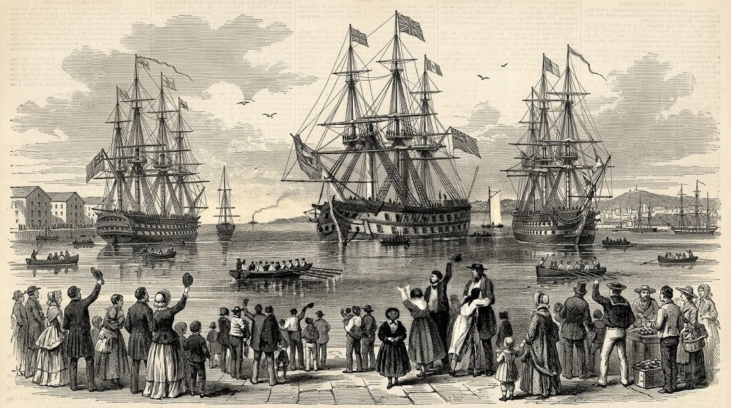 Crowd of 19th-century people waving at three large sailing ships docked in a harbor with rowboats nearby.