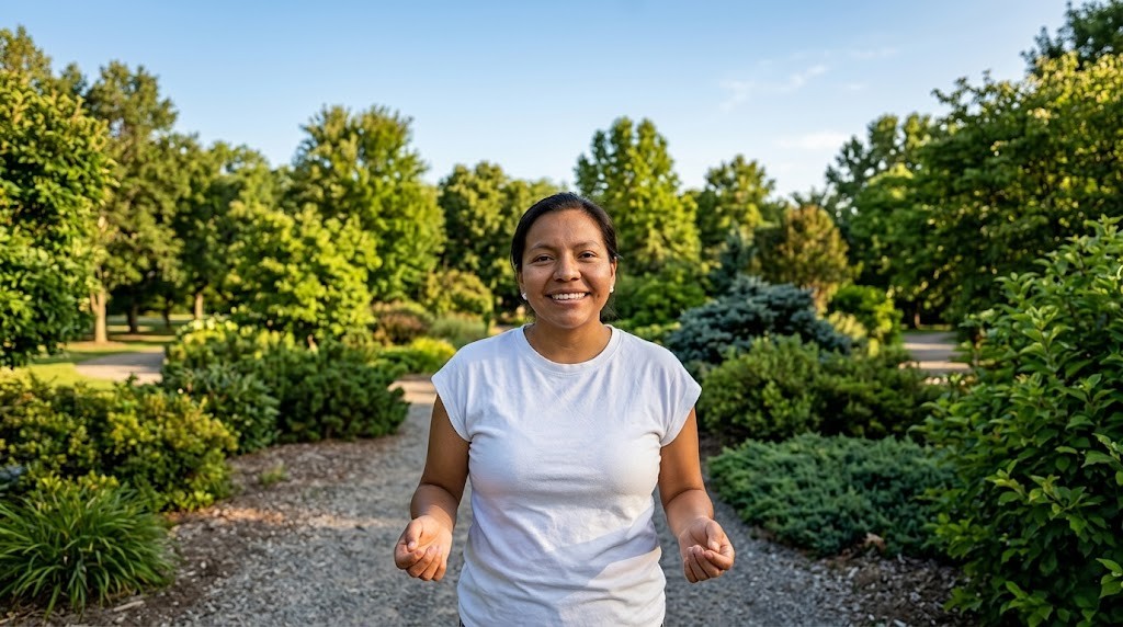 Smiling woman in a white t-shirt standing on a gravel path in a green park under a blue sky.