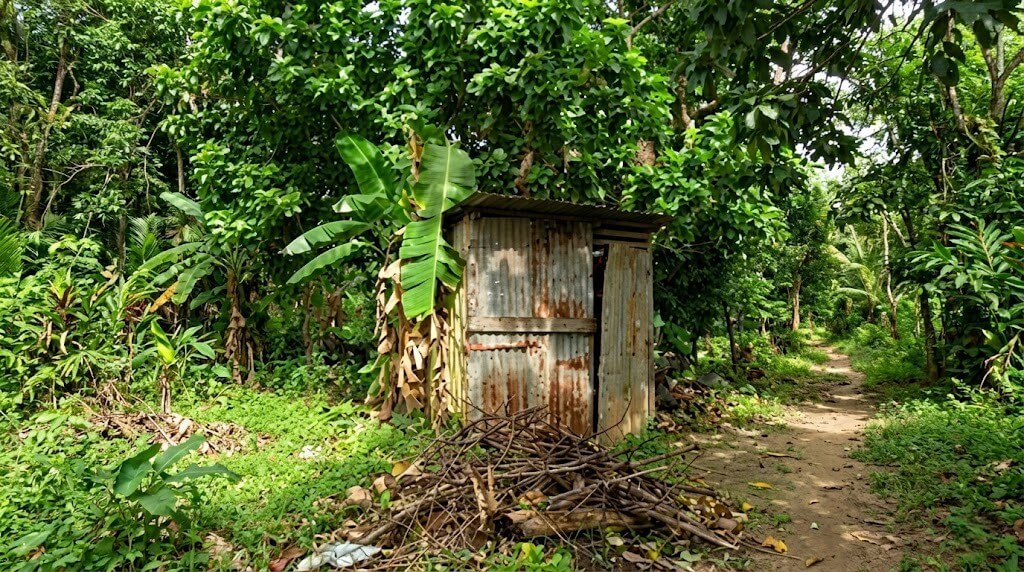 Small rusted metal shed surrounded by dense green foliage and a dirt path in a forested area