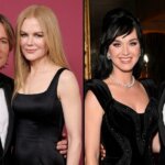 Keith Urban and Nicole Kidman in black formalwear, and Katy Perry and Orlando Bloom in black evening attire at an event