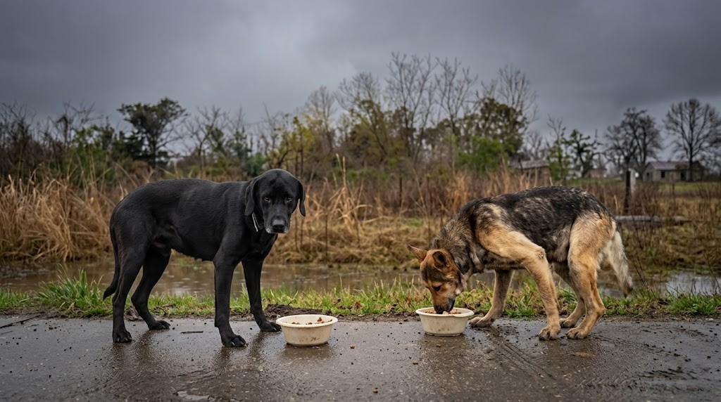 Two dogs, a black Labrador and a German Shepherd, eating from bowls on a wet road near a grassy area.