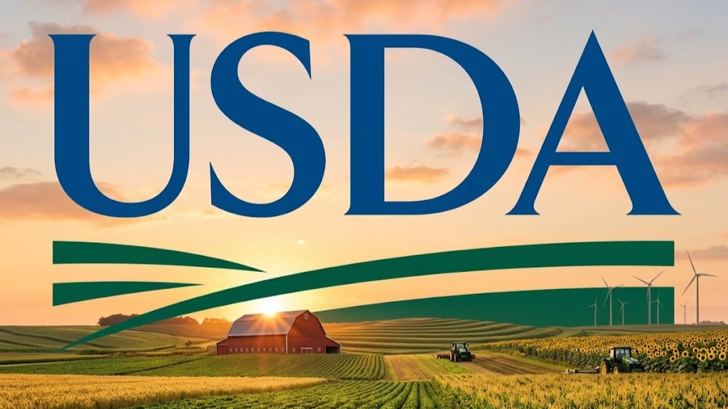 USDA logo over a sunset view of a farm field with a red barn, tractors, and wind turbines.
