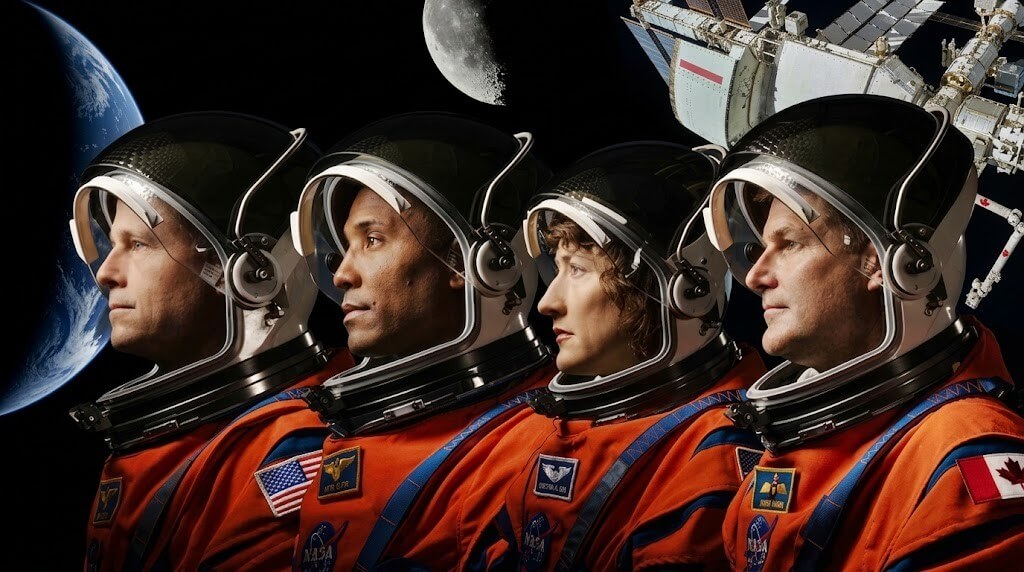 Four astronauts in orange NASA spacesuits with Earth, the Moon, and a space station in the background
