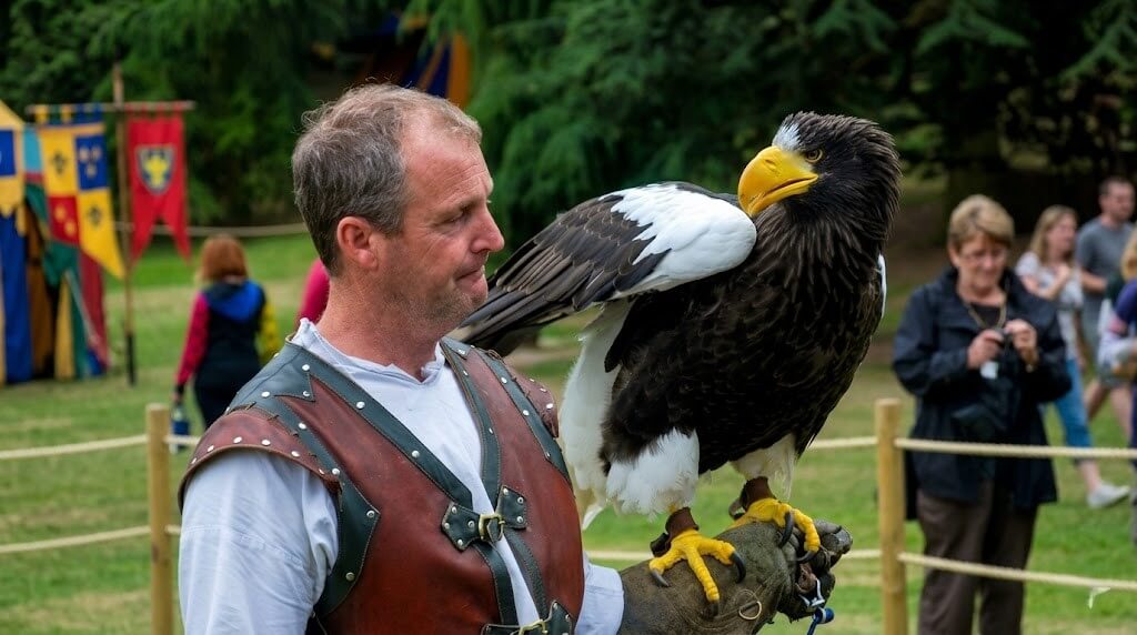 Man in medieval-style leather armor holding a Steller's sea eagle on his gloved arm at an outdoor event.