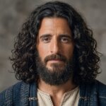 Man with long curly hair and beard wearing a blue textured jacket over a beige shirt against a stone wall background