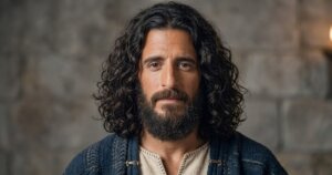 Man with long curly hair and beard wearing a blue textured jacket over a beige shirt against a stone wall background