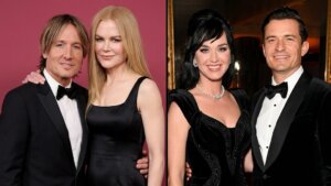 Keith Urban and Nicole Kidman in black formalwear, and Katy Perry and Orlando Bloom in black evening attire at an event