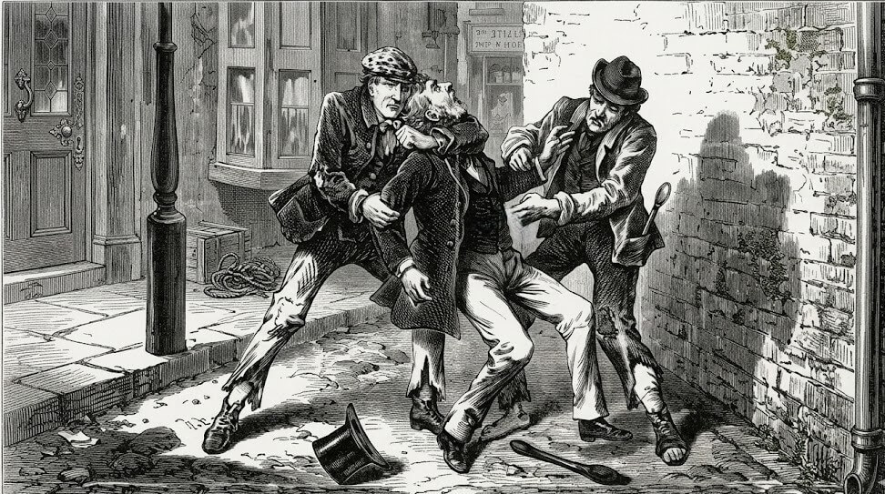 Two men strangling a third man in a street alley during a robbery labeled "Daring Case of Garotte Robbery."