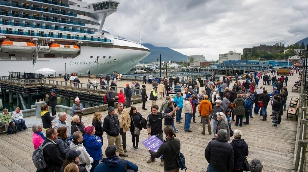 Crowd gathered on a wooden pier near the cruise ship Emerald Princess under a cloudy sky.