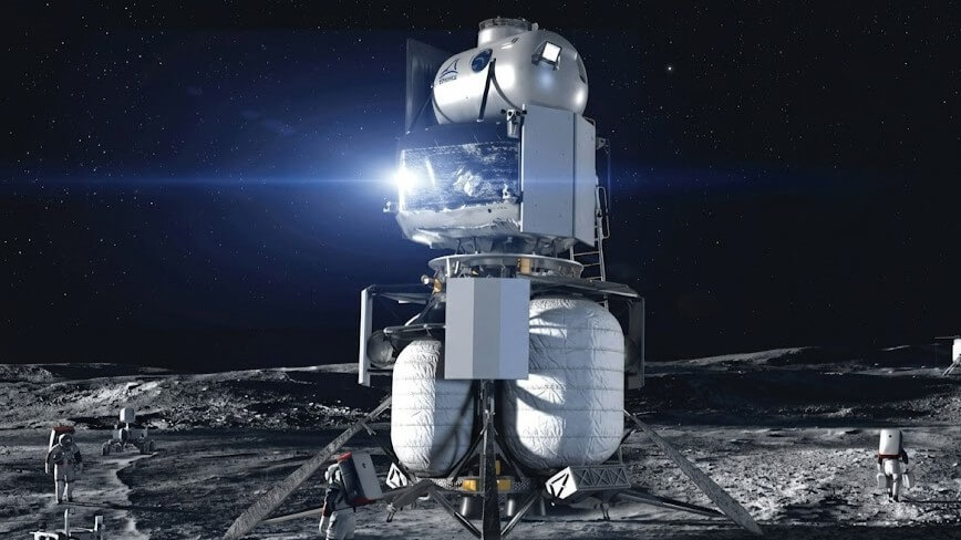 SpaceX Starship lunar lander on the moon surface with astronauts and starry sky background