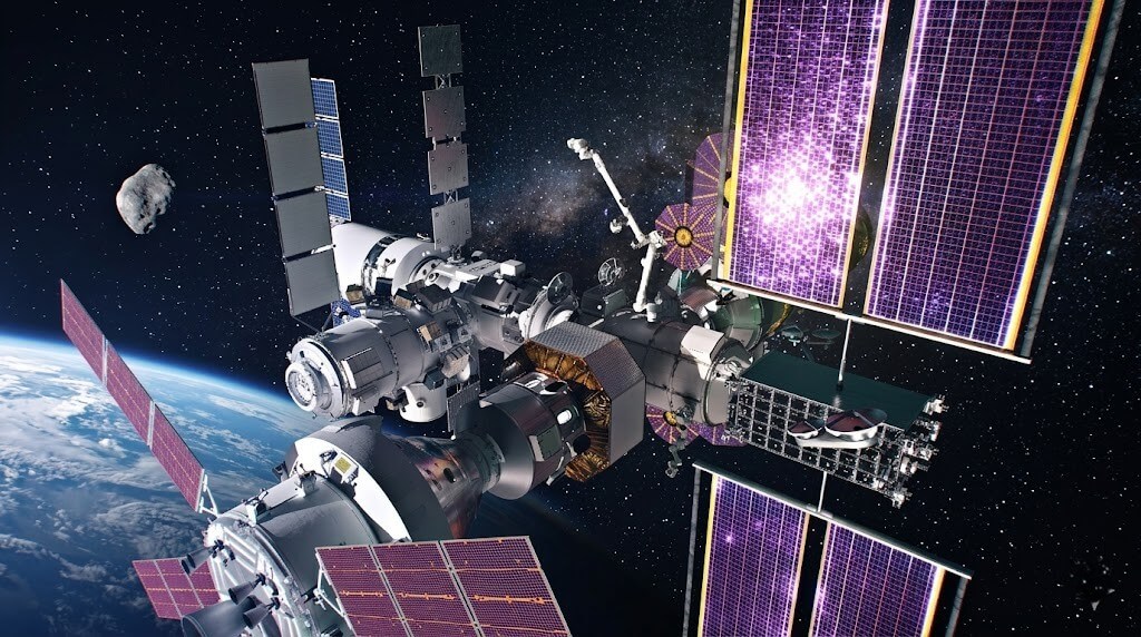 Space station with multiple solar panels orbiting Earth with an asteroid in the background