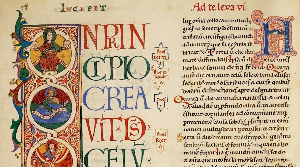 Medieval illuminated manuscript page with Latin text and decorative initials featuring religious figures.