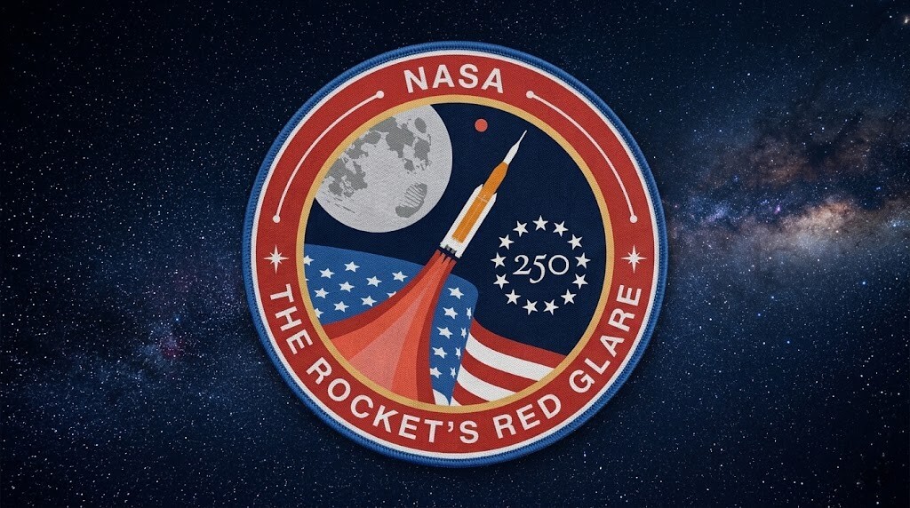NASA patch with a rocket, American flag, moon, and text "The Rocket's Red Glare" and "250" stars against a starry background